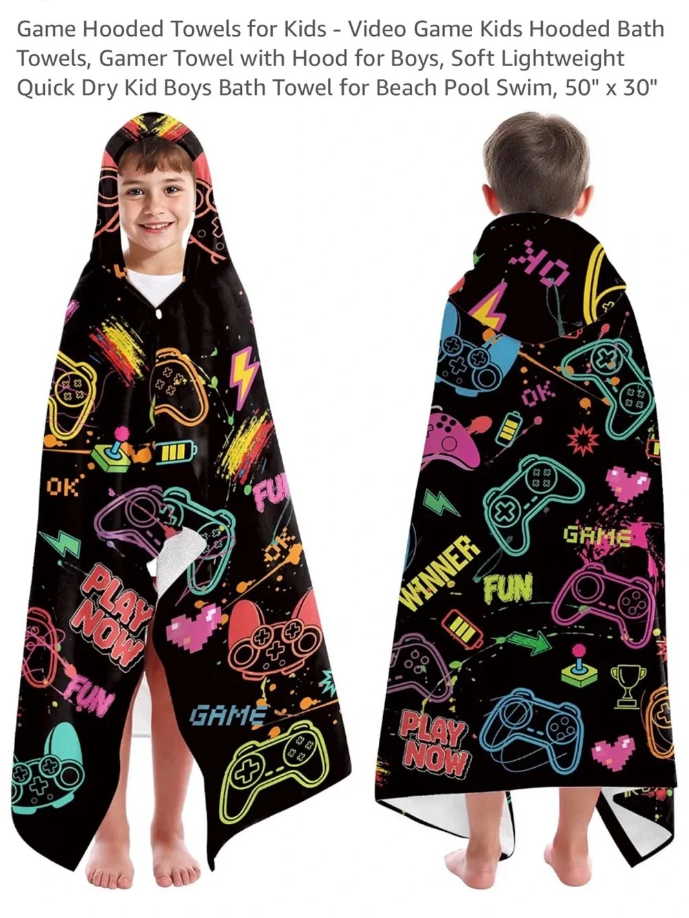 Kids Video Game Hooded Towel - Black Neon Gaming Print -Facsimile colors